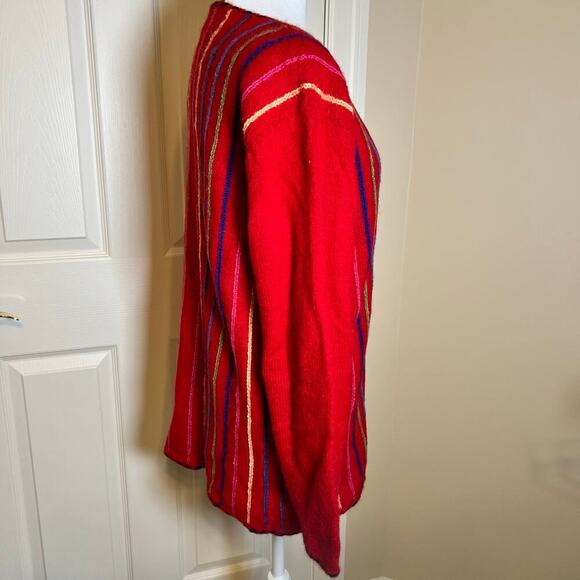 Handmade Peruvian 100% Alpaca Wool Sweater Art to Wear Red Multi Color Stripe - Picture 7 of 9